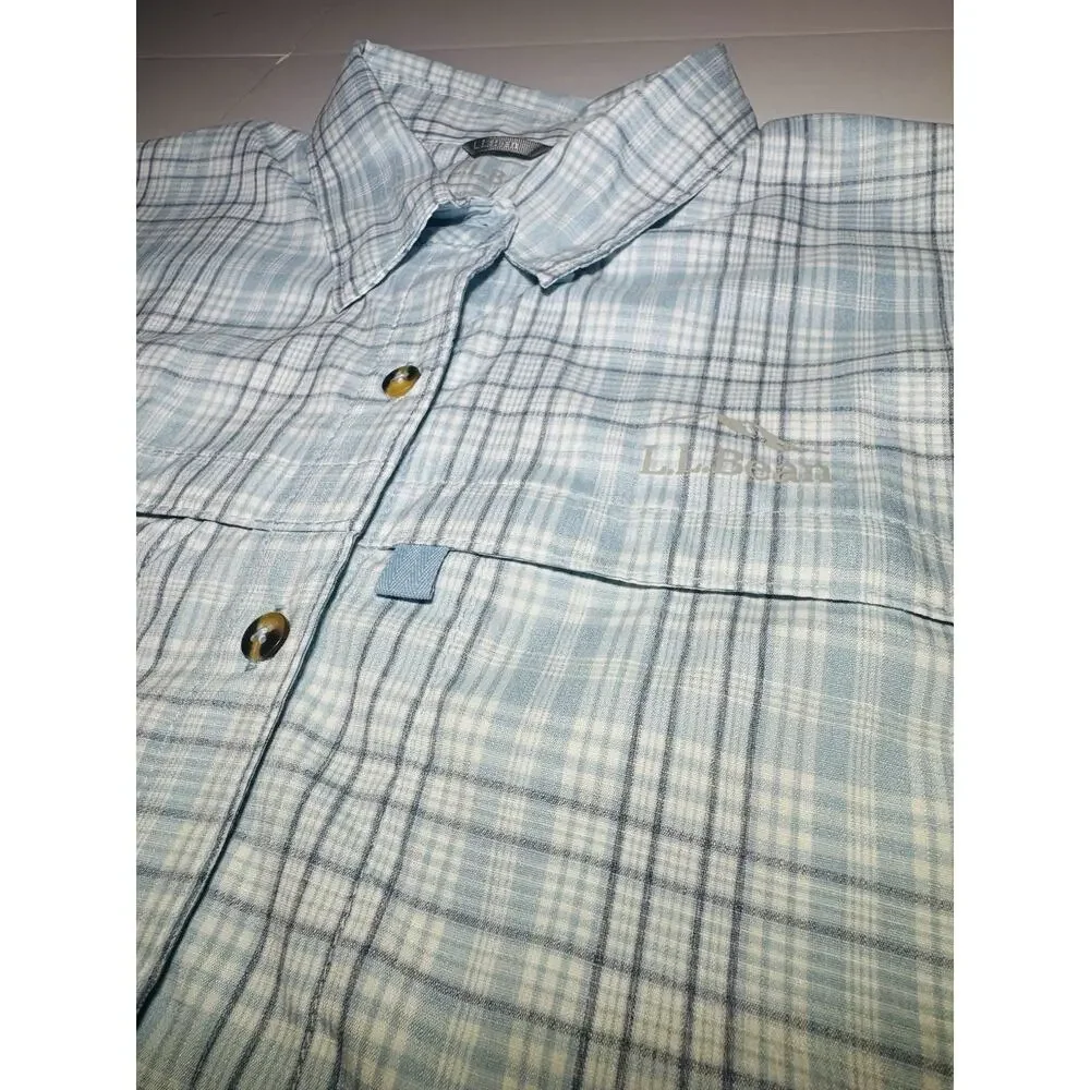 LL Bean Woman’s Tropicwear Shirt Size Small Short Sleeve Sky Blue Plaid - Picture 5 of 12